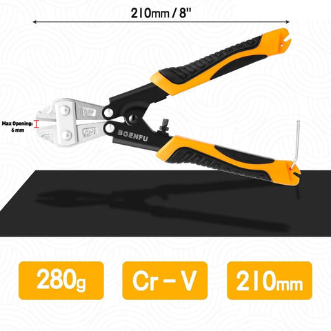 8 Inch Portable Mini Bolt Cutter with Spring Loaded Action and Anti Slip Handle, for DIY and Cable Work, Max Opening One Quarter Inch
