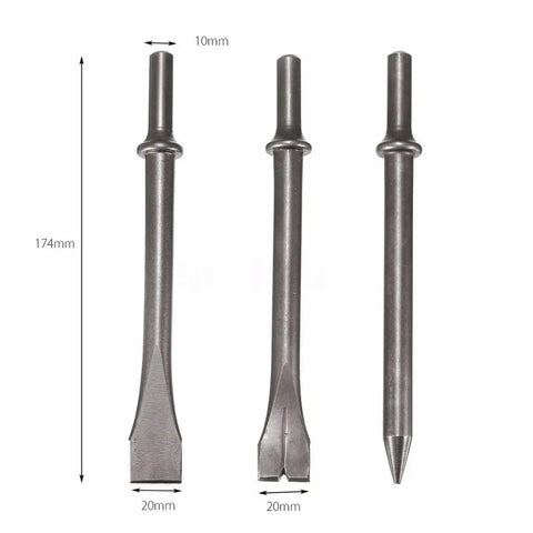 Heavy Duty Air Hammer Kit With 3 Long Bits For Punching And Chipping Metal Perfect For Auto Repair And Construction Jobs Where You Need Serious Power And Precision. 10mm, 174mm steel bits