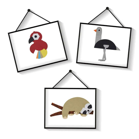 Framed animal paper crafts featuring a bird, a sloth, and another bird, made with a 3 Inch Circle Lever Punch For Paper Crafting And DIY Projects