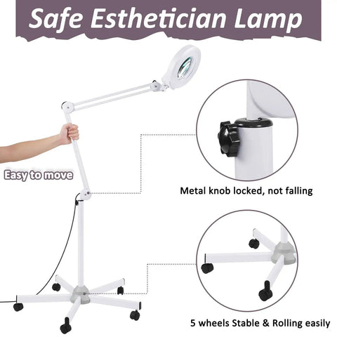 Super Bright 2,200 Lumens LED Magnifying Glass With Light And Stand, Floor Lamp with 5-Wheel Rolling Base, adjustable arm