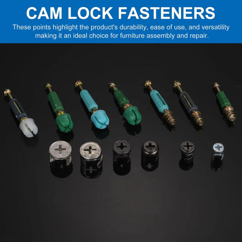 Various cam lock fasteners in different colors for Hardcore 25 Piece Cam Lock Kit With M6 X 40mm Cam Bolts And 15X11.5mm Dowel Pins.