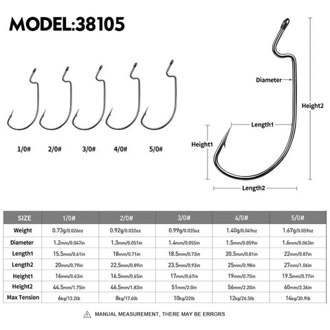 Bass Fishing Offset Worm Hooks Kit With Tackle Box, EWG Wide Gap Hooks For Texas Rig And Carolina Rig, sizes 1/0 to 5/0 chart