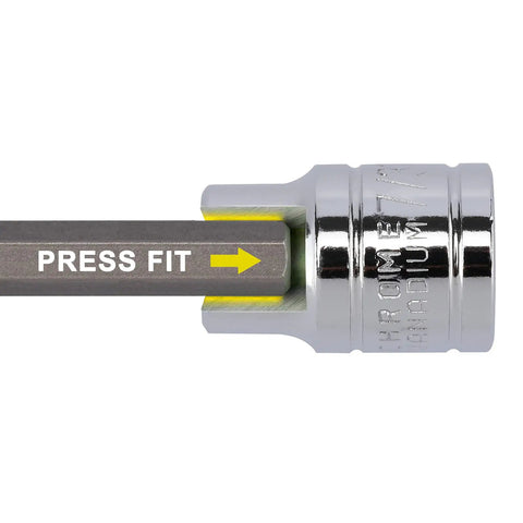 Close-up of Long Three Eighths Inch Drive Hex Bit Socket Set With S2 Alloy Bits And CR V Sockets SAE And Metric Mix Eighteen Piece Kit