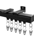Heavy Duty Ceiling Curtain Track System For 6 To 9 Ft, Aluminum Sliding Rails With Wall Mount, Quiet Pulleys, Black, shown installed with clips