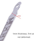 Stainless steel taper gauge ruler with metric 1–15 mm and imperial 1/64–5/8 in scales; 1 mm thick with hanging hole.