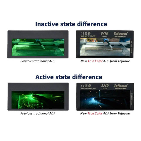 Comparison of traditional vs True Color auto-darkening welding lenses, inactive and active states, Shade 10, 2x4.25 inch.