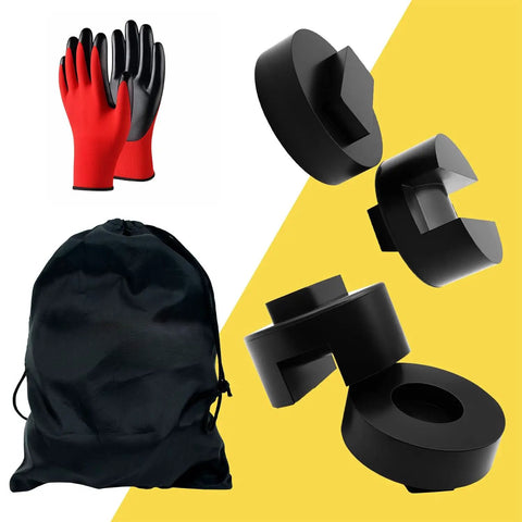 Heavy Duty Jack Pad Adapter Set For BMW And Mini Four Piece Rubber Pucks And Dual Use Axle Saddle Adapters With Work Gloves And Storage Bag Protects Frame Pinch Welds From Floor And Bottle Jacks During Tire Changes