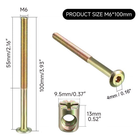 M6 X 100mm Bunk Bed Bolts 10 Pack Hardware Replacement Kit Hex Socket Wood Bed Screws For Bed Frames Carbon Steel Headboard Screws Spare Connectors For Wooden Bunk Beds And Chairs, showing detailed dimensions and measurements.