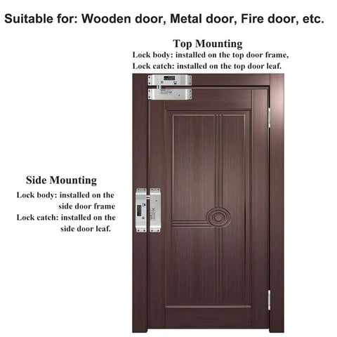 Installation of 12V DC Drop Bolt Door Lock With Fail Safe NC Mode For Access Control Security on wooden door, top, and side mount.