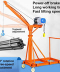 Heavy Duty Electric Hoist Crane With Adjustable Boom And Four Rolling Casters 500Kg Workshop Engine Lifter showing 360° rotation and three-speed adjustment.