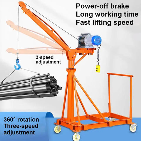 Heavy Duty Electric Hoist Crane With Adjustable Boom And Four Rolling Casters 500Kg Workshop Engine Lifter showing 360° rotation and three-speed adjustment.
