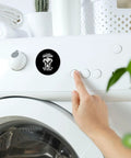 Round acrylic magnet with 'Your Opinion Was Not In My Recipe' design on washing machine, playful kitchen decor accessory.