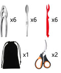 Complete 21 Piece Seafood Tools Set with six crab crackers, six lobster shellers, six forks, two scissors, and a storage bag