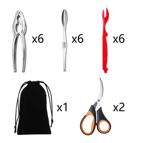 Complete 21 Piece Seafood Tools Set with six crab crackers, six lobster shellers, six forks, two scissors, and a storage bag