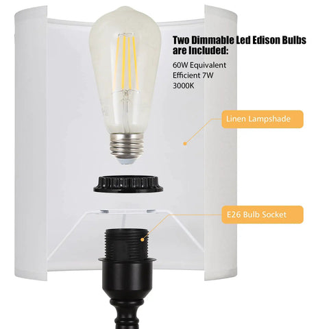 Touch Control Bedside Lamps Set Of 2 With 3-Way Dimming, USB Ports And AC Outlet, LED Edison bulb with linen lampshade detail