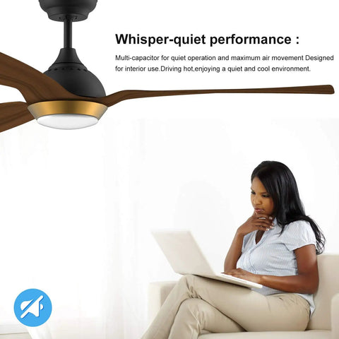 52 Inch Gold Boho Ceiling Fan With Dimmable LED Light, Quiet DC Motor in living room with woman using laptop