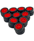 20 Pack Toy Car Wheels With 10 Metal Axles For RC Cars And DIY Bots, showing red 30mm plastic wheels with treads