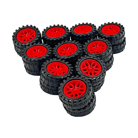 20 Pack Toy Car Wheels With 10 Metal Axles For RC Cars And DIY Bots, showing red 30mm plastic wheels with treads