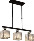 Three Light Crystal Ceiling Pendant With Adjustable Height, Square Modern Chandelier, E26 Base for Kitchen Island