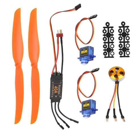 A2212 1000KV Brushless Motor With 40A Electronic Speed Controller And 1060 Propeller Plug And Play Flight Bundle For Rc Planes and Fixed Wing Aircraft, includes orange props and blue servos.