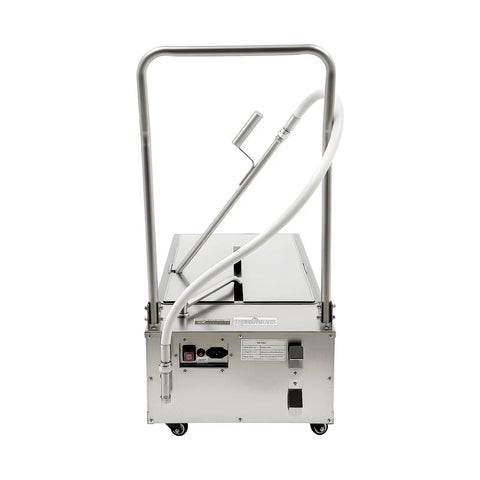 Heavy Duty 370W Commercial Oil Filter Cart With 14.5 Gallon Tank For Fryers showing rear view and handles for mobility.