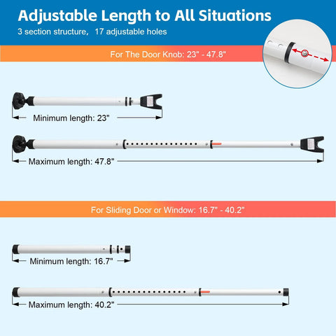 Diagram showing Heavy Duty Door Security Bar Adjustable Up To 47 Inches for sliding doors and door knobs with measurement details.