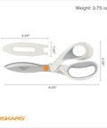 PowerCut SoftGrip Fabric And Mixed Media Scissors Built Tough For Crafting 8 Inch Heavy Duty Serrated Blade That Slices Fabric Cardboard Cork Foam And More With Precision Curved Edge. 8-inch scissors with sheath, dimensions shown