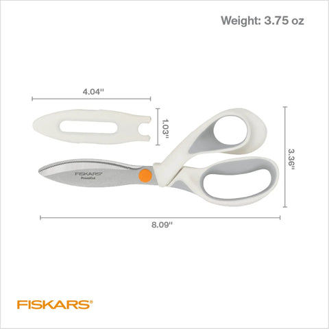 PowerCut SoftGrip Fabric And Mixed Media Scissors Built Tough For Crafting 8 Inch Heavy Duty Serrated Blade That Slices Fabric Cardboard Cork Foam And More With Precision Curved Edge. 8-inch scissors with sheath, dimensions shown
