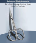 Ultra Precise Cuticle Scissors With Extra Fine Curved Blade for Nail Care and Grooming, sleek silver design stands upright.