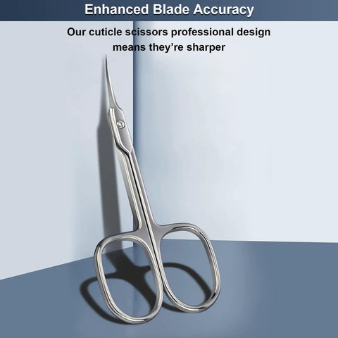 Ultra Precise Cuticle Scissors With Extra Fine Curved Blade for Nail Care and Grooming, sleek silver design stands upright.