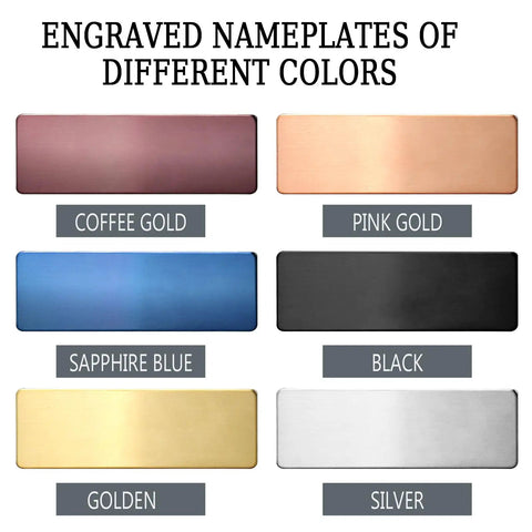 Engraved nameplates in coffee gold, pink gold, sapphire blue, black, golden, and silver colors.
