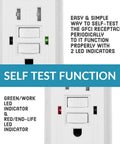Self Test GFCI Outlet 15 Amp With LED Indicator Weather Resistant And Tamper Proof Receptacle UL Listed 10 Pack Includes Wall Plate And Screws Kid Safe Kitchen Bathroom Outdoors close-up showing LED indicators and self-test function.