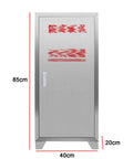 Heavy Duty Outdoor Fire Extinguisher Cabinet With Lock Weatherproof Steel Safety Storage Box And Tempered Glass Display For Commercial Industrial Tough As Nails Gear, front view with dimensions shown.