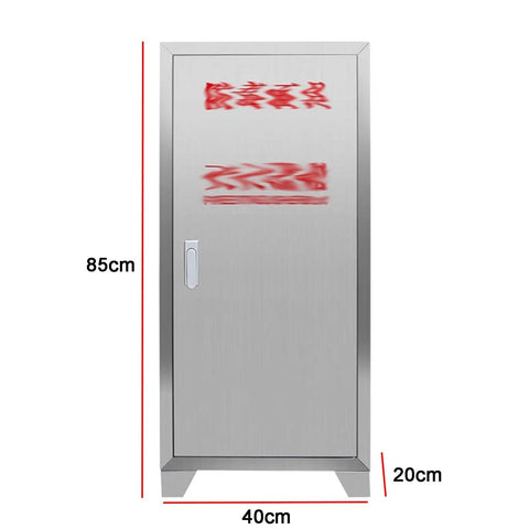 Heavy Duty Outdoor Fire Extinguisher Cabinet With Lock Weatherproof Steel Safety Storage Box And Tempered Glass Display For Commercial Industrial Tough As Nails Gear, front view with dimensions shown.