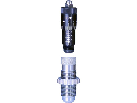 Dead Nuts Accurate Rifle Micrometer Adjustment Screw For Universal Bullet Seating Dies showing black micrometer top and silver base.