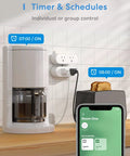 WiFi Dual Smart Plug 2 Pack With 2 Outlets Each showing timer schedule for coffee maker and toaster, connected via a phone app.