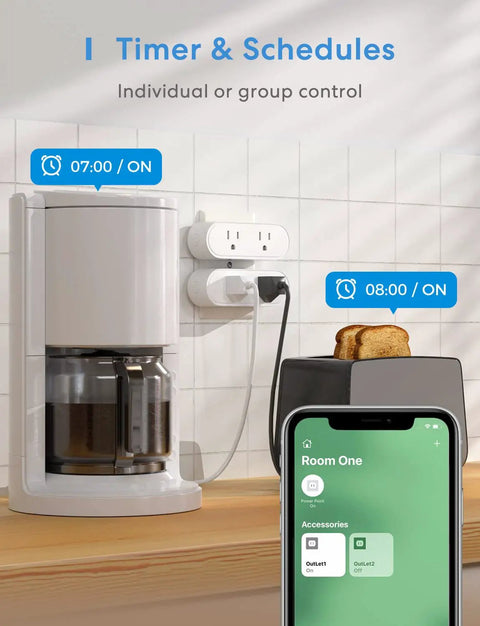WiFi Dual Smart Plug 2 Pack With 2 Outlets Each showing timer schedule for coffee maker and toaster, connected via a phone app.