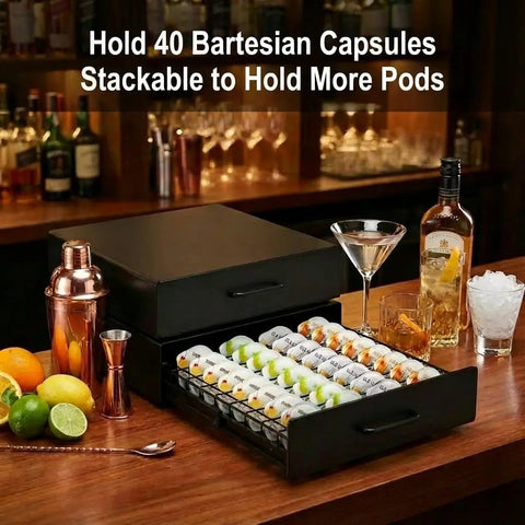 Pod Storage Drawer Organizer For Bartesian Capsules That Holds Forty Pods Stackable Countertop Bar Accessory Black on bar