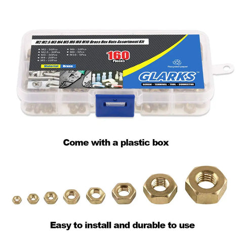 High Strength Brass Hex Nuts Set 160Pcs Metric M2 M2.5 M3 M4 M5 M6 M8 M10 Assortment Kit In Organized Plastic Box