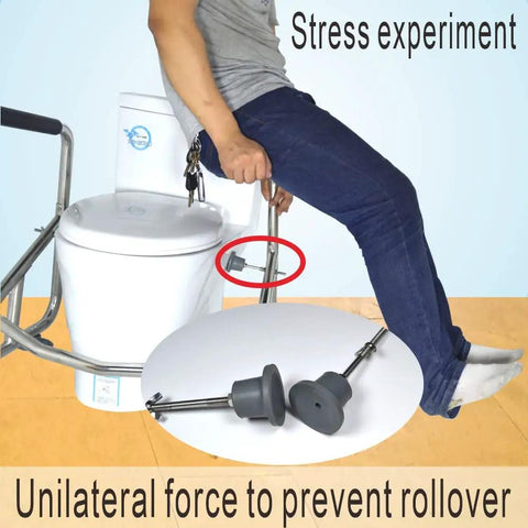 Heavy Duty Toilet Safety Rails With Adjustable Support Leg For Seniors undergoing a stress experiment next to a toilet