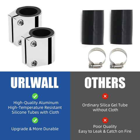 Comparison of Beefy 1 Inch Exhaust Sleeve Clamp Band Set and standard materials for 1 inch ID exhaust pipes, featuring aluminum clamps.