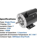 Half HP Single Phase Electric Motor Powerful 3450 RPM 56 Frame Five Eighth Inch Keyed Shaft Dual Voltage Specifications