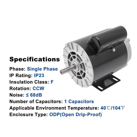 Half HP Single Phase Electric Motor Powerful 3450 RPM 56 Frame Five Eighth Inch Keyed Shaft Dual Voltage Specifications