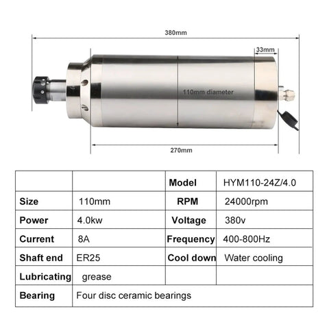 Water Cooled CNC Spindle 4.0KW 24000 RPM ER25 Four Bearings Setup chart with dimensions and specifications
