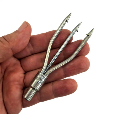 Galvanized 3 Prong Flat Trident For Spearfishing Freediving And Scuba Diving, shown in hand for size comparison