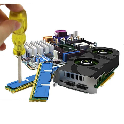 Hand holding a yellow screwdriver above computer components, including RAM and a graphics card.