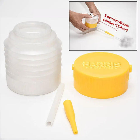 Diatomaceous Earth Powder Duster with 6 Inch Extension Nozzle for effortless DE application, shown with parts and instructional diagram.
