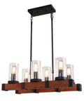 Farmhouse Dining Room Chandelier With 6 Glass Shade Lights, Vintage Pendant Lighting Fixture on wood and metal frame