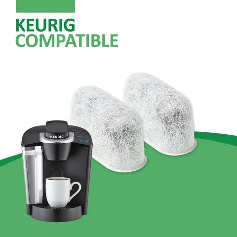 Six Pack Charcoal Water Filters For Keurig Brewers beside Keurig machine showing compatibility