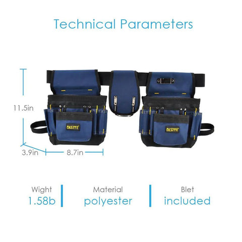 All In One Tool Belt Pouch With 32 Pockets And Hammer Loops, Tape Measure Clip And Hammer Holder, Detachable Adjustable Waist Belt, blue polyester